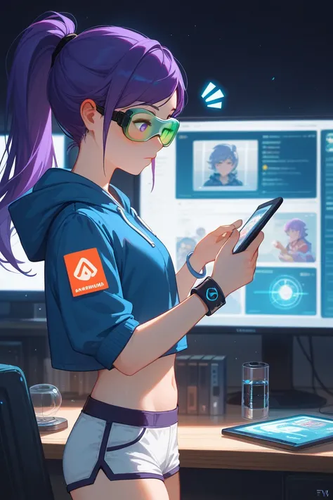 Close up, character focus, girl with purple eyes, holding tablet, standing, from side, plush on desk, ponytail, purple hair, long hair, swept bangs, thin, green tinted goggles on face, wearing dark blue futuristic hoodie, white shorts, midriff, mechanical-...