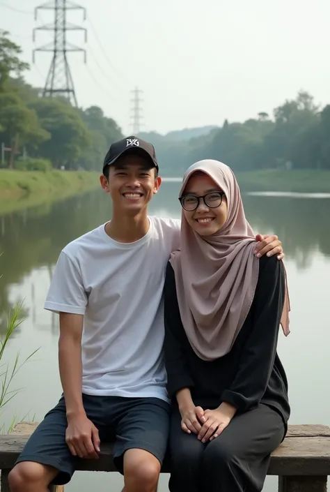  real photo of Indonesian teen couple . 18 years old , short man .  wearing tshirt hat ,  women wearing glasses , feminine clothes ,  hijab posing sitting on a riverside bench ,  against the background of a small river near the village,  there is an electr...