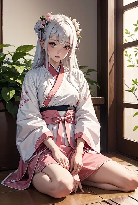 A girl in her 20s with white hanfu with sakura embroidery on her sleeves with white hair with a pink gradient below, her hair reaches the floor of the room with herbs on the walls