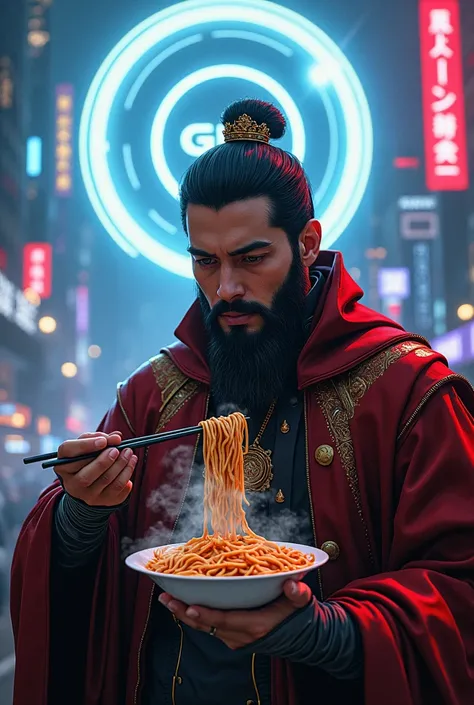 Make a cyberpunk king with the GDRI logo eating noodles