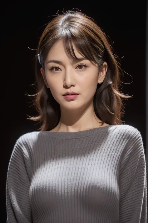 High resolution, masterpiece, Irritated skin, Very detailed, Photorealistic, Professional Lighting, Written boundary depth, sharp, (Gray background), (Front view：1.2),(Japanese Mature, 38 year old women are sexy:1.0), Detailed face, Beautiful Eyes, bangs, ...