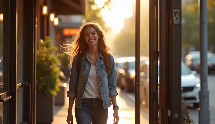 6.1: Sarah exiting the café with a huge smile, walking into the daylight with a sense of relief. The street is bustling with activity, but her face shows a newfound determination, ready to embrace the challenges ahead.

