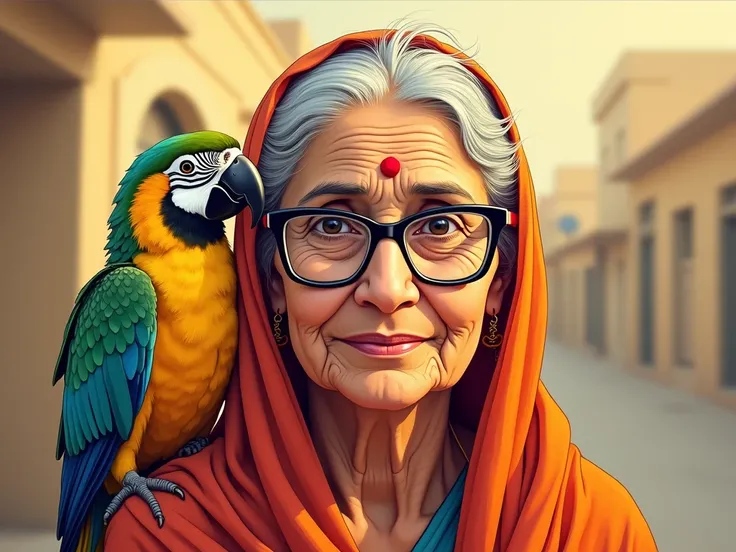 generate cartoon Image (only face) of  an sindhi rural village old women She’s wearing zero glasses but in large frame, basically she is journalist, palmist with parrot, she is kathak dancer too, show these professions in her background, 