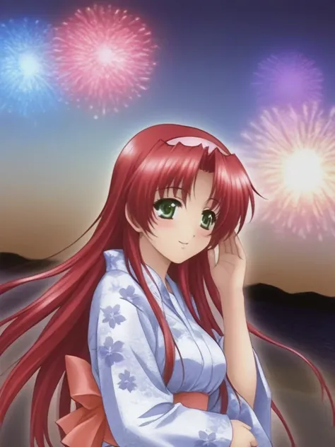 masterpiece, best quality, SetoAyano, 1girl, solo, long hair, red hair, green eyes, breasts, smile, blush, hairband, yukata, firework, cinematic angle,