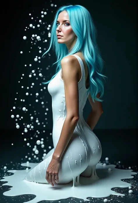 ((( professional photo shoot ))) Wonderful and  ((( surreal image )))  of a beautiful woman with light blue hair, white color,  dripping down her body ,  paint everywhere ?  dark background .