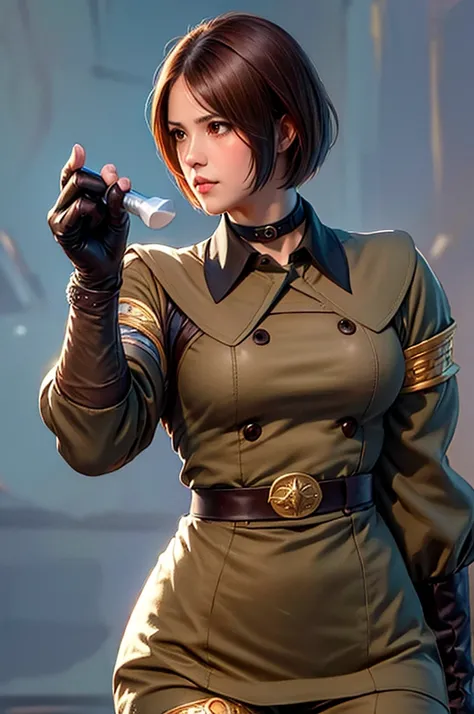 KOFWHP, brown hair, short hair, brown eyes, military unifrom, thighlet, brown pants, gloves, belt, armlet, choker, holding a blue whip, waist,  armlet, military background 