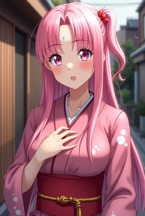  Sakura Haruna in a pink-red kimono can see her forehead, square,  pink hair , a small blue diamond on her forehead , raped in a cancer alley ,  holds her chest with one hand, shaved pussy,  cum flows out of pussy , photo practical,   best quality , 8k,  v...