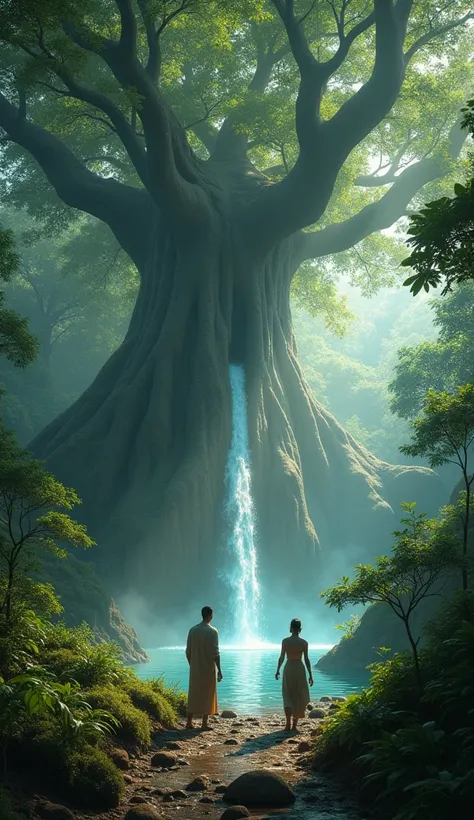 Here’s a prompt for the video creation:


---

Two individuals, dressed in traditional Javanese attire, discover a mystical water spring flowing abundantly from beneath a massive, ancient tree. The atmosphere is thick with magical energy as sunlight filter...