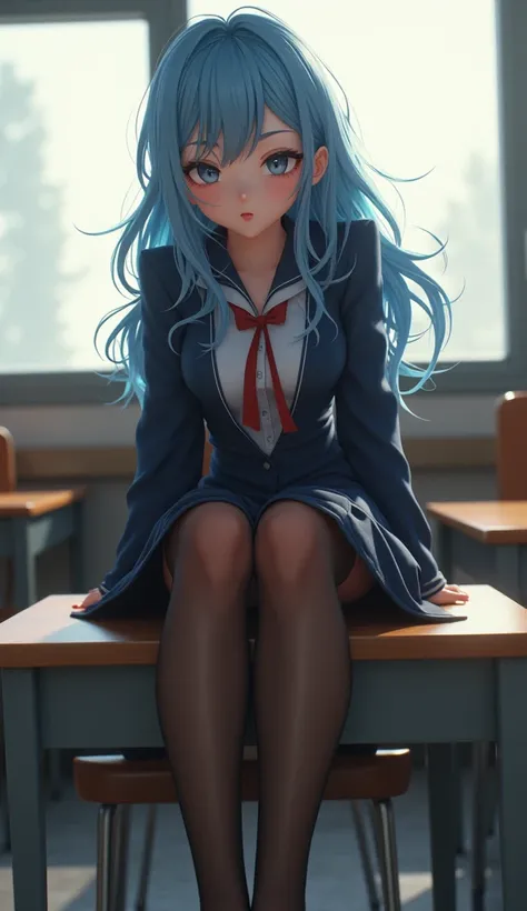 1girl, Mature,  Sexiest in the world ,  The worlds sweetest , junior high school student,  Upper-waisted light blue hair flowing in the wind , dark blue,  Sitting in Classroom ,  facing the camera raise your legs and place the lower part of the calf on the...