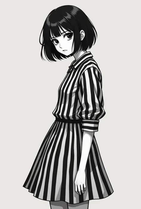 High school Jewish brunette with tomboy haircut in black and white striped Mini dress