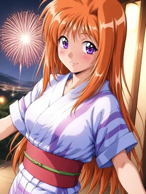 masterpiece, best quality, SaekiRuruna, 1girl, solo, long hair, orange hair, purple eyes, medium breasts, antenna hair, smile, blush, Japanese Yukata, firework, cinematic angle,