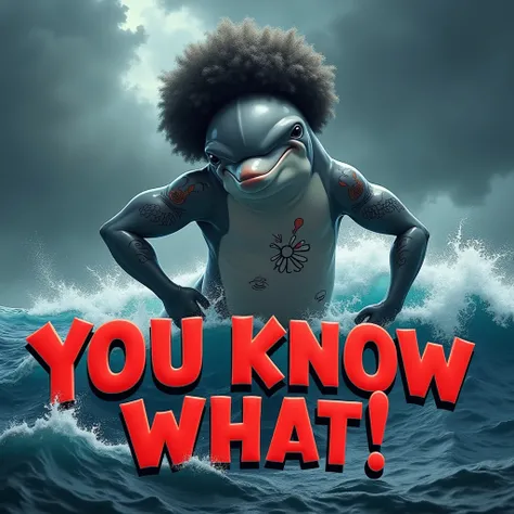 「You know what!」
Prompt: The dolphin leans forward with both hands on its hips, its afro bouncing slightly as it delivers the line with a hilariously exaggerated scowl. Tattoos of exclamation marks and waves are etched across its chest. "You know what!" is...