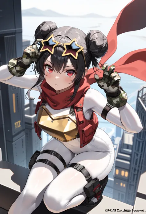 1girl,black hair,double bun,red eyes,red scarf,white bodysuit,red vest,camouflage gloves,thigh straps,star-shaped eyewear,v-shaped gold breastplate,(best quality,4k,8k,highres,masterpiece:1.2),ultra-detailed,concept art,digital art,detailed facial features...