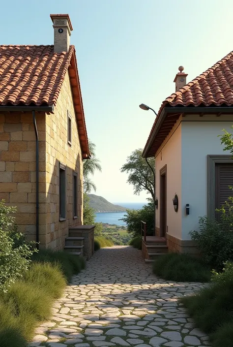  Hyperrealistic image of two houses in parallel. A house in ROCHA and the other house in AREIA . 

