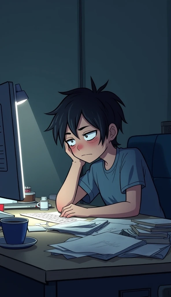 "An illustration of a sleep-deprived individual sitting at a desk under dim lighting, surrounded by an unkempt workspace. The persons face shows dark circles under their tired eyes, with a weary expression and disheveled hair. A cup of coffee or an energy ...