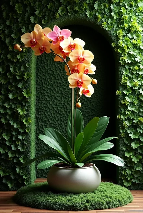  Foliage wall and orchid of 2,50mt by 3 , 20mt with a Vietnamese pot in the middle 