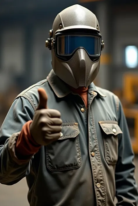 a man in a dirty jumpsuit giving a thumbs up, Swarm A-10 Automatic Welding Mask - ESAB, shutter,  art labor board , welding mask , Swarm A-10 Automatic Welding Mask - ESAB, professional product photo,  high quality welding mask for arms , wearing gloves,  ...