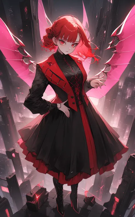 A girl with a cool, devilish aura	"Fashionable young woman standing on a skyscraper rooftop at night, surrounded by the glowing neon lights of a futuristic city. She wears a black and red corset-style dress with intricate lace details, paired with tall hig...