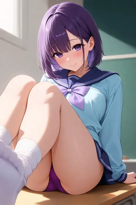 Purple Hair　 purple panties　 gal　 knee-high　 high school girl　perfect hand　