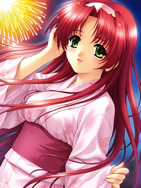 masterpiece, best quality, SetoAyano, 1girl, solo, long hair, red hair, green eyes, breasts, smile, blush, hairband, yukata, firework, cinematic angle,