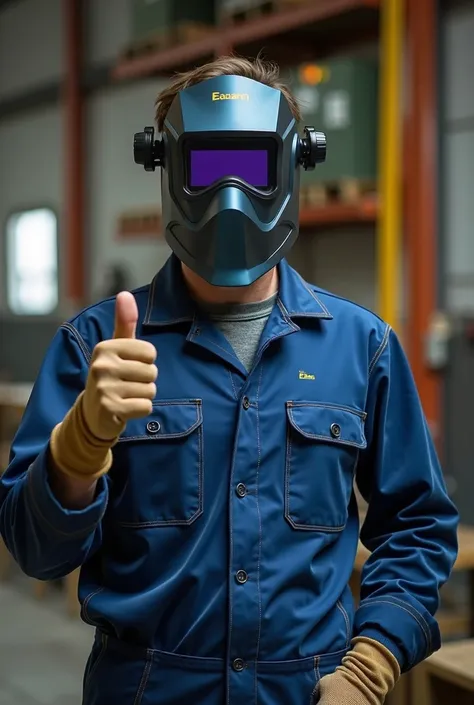  a man in a jumpsuit giving a thumbs up,  a stock photo of Alexander Brook , shutter,  art labor board , welding mask , Swarm A-10 Automatic Welding Mask - ESAB, professional product photo,  high quality welding mask for arms , wearing gloves,  wearing an ...