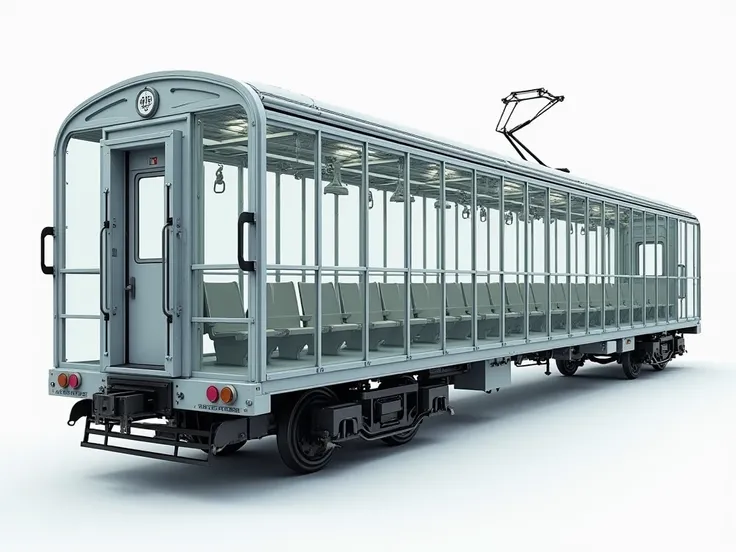 
A side view of an economical Japanese train carriage with transparent walls, revealing the entire interior and structural framework. The design highlights the exposed metal beams, support structures, and straphangers hanging from the ceiling. The interior...