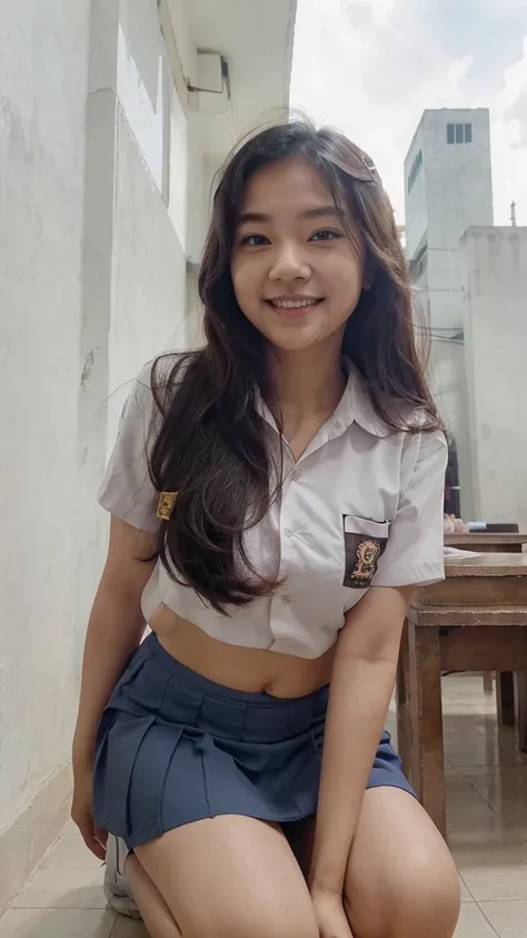 cute asian girl kneeling at indonesian class room,long hair,wearing indonesian hogh school uniform with dark blue mini skirt,happy and laughing, sunny, hot weather, best quality, soft detailed, erotic, eye level camera,