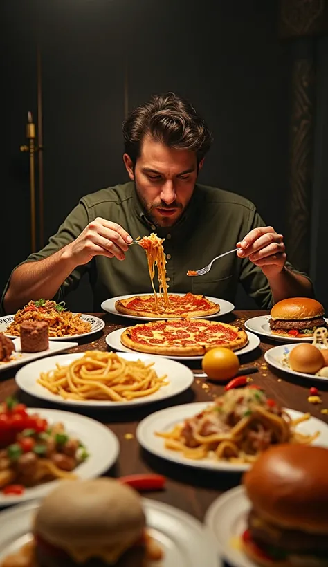 "A hyper-realistic image of a person at a dining table, surrounded by an overwhelming amount of food. The individual is actively eating with a determined expression, showing no signs of fullness or satisfaction. The table is filled with various dishes, inc...