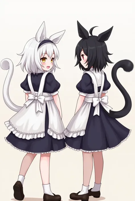 The two of them are on good terms and 、 they have both chemo ears and a fluffy tail、 the other has white hair and golden eyes 。 one has black hair and red eyes 、 they are both turning their backs 。and、They are both wearing cute maid clothes