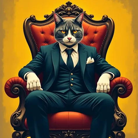 mafia cat sitting on throne vector yellow background. vintage aesthetic