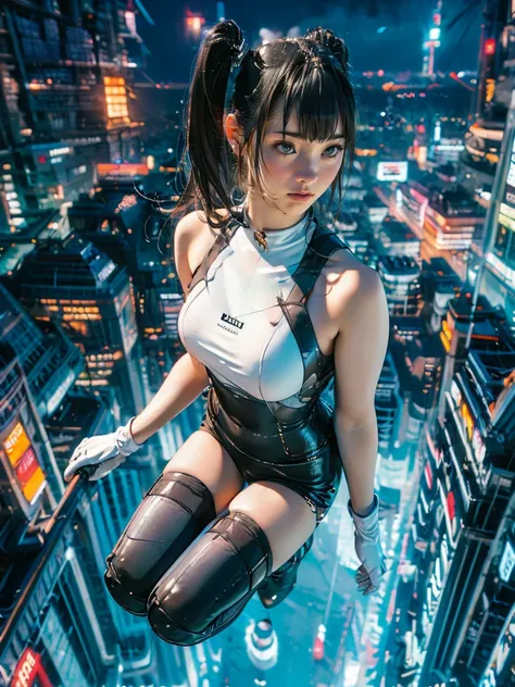  highest image quality taken by Ki、 masterpiece、  super high definition 、（Shooting Resolution ：1.4）、  super high definition シネマ、  angle seen from above 、  cyberpunk big jump 、Night City、  girl、  Silver Hair Twin Tails、SILVER SHORTS 、whole body、smile、1 pers...