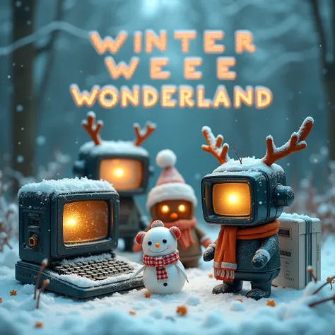 post for a IT Disposal business for facebook, the post is about "Winter WEEE Wonderland", the text Written on the post, the post should also have A snowy, frosty background with old, broken electronics (like laptops, keyboards, or phones) transformed into ...