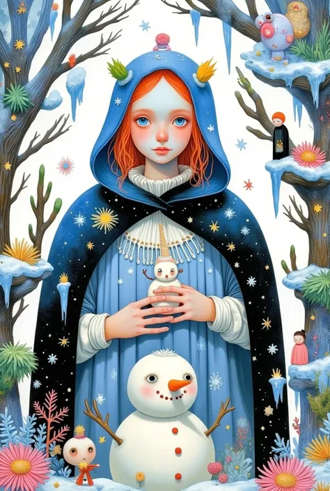 a painting of a woman in a blue cloak holding a snowman, a storybook illustration by Marie Angel, tumblr, pop surrealism, goddess of winter, white witch, queen of winter, allegory of winter, winter princess, the ice queen, illustration!, 3 winter deities, ...