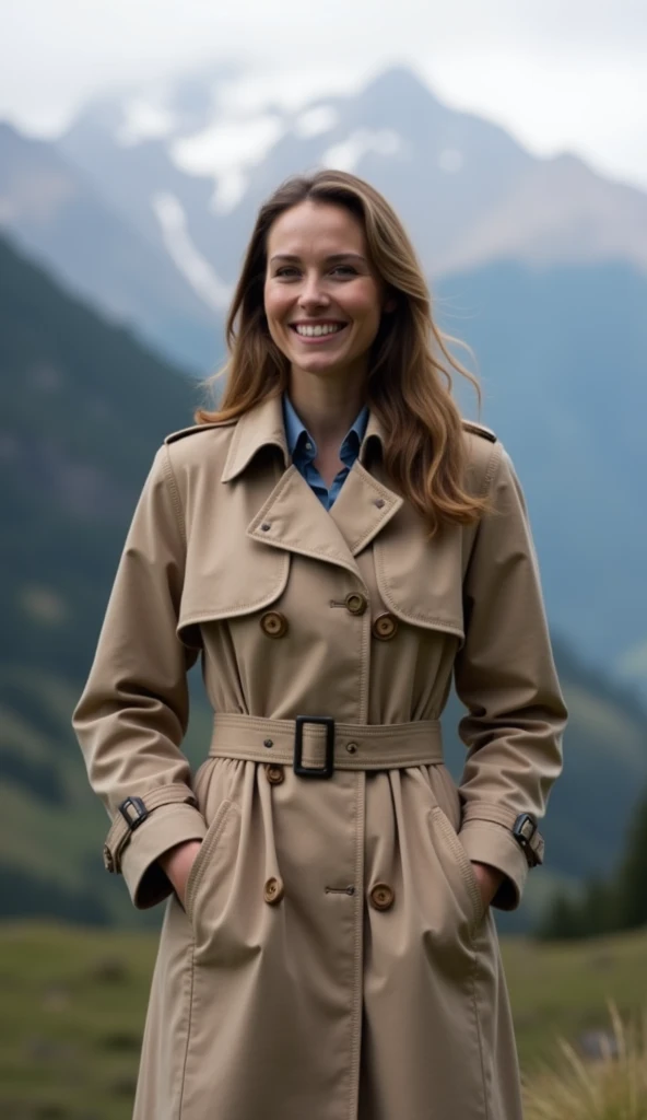 A 37-year-old woman standing in front of a mountain view, wearing a trench coat.