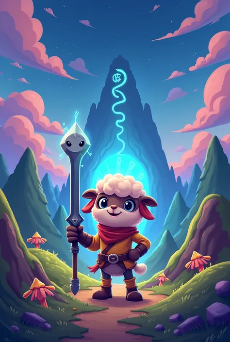 "A vibrant, whimsical depiction of the Hollow Hills inspired by the game Slash Quest. The scene features rolling, exaggerated hills with glowing plants, quirky trees, and a playful atmosphere. In the center stands Shep, a sheep-like adventurer with a cheer...