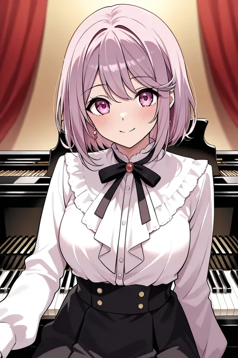 anime man wearing a thalia mask or comedy mask. wears pianist outfit and posed showing off elegance and beauty background must show looking like distorted piano notes and sheets