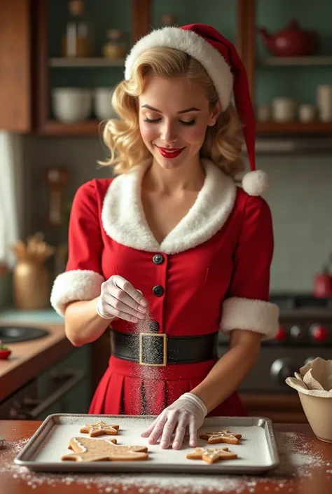 salt bae meme style, Misses Clause, 50s style, a 25-year-old girl wearing a Santa outfit, perfect body, Christmas time, beautiful girl, blonde hair 50s style, cooking gingerbread cookies, and putting sprinkles on cookies, holding hand as salt bae meme, 