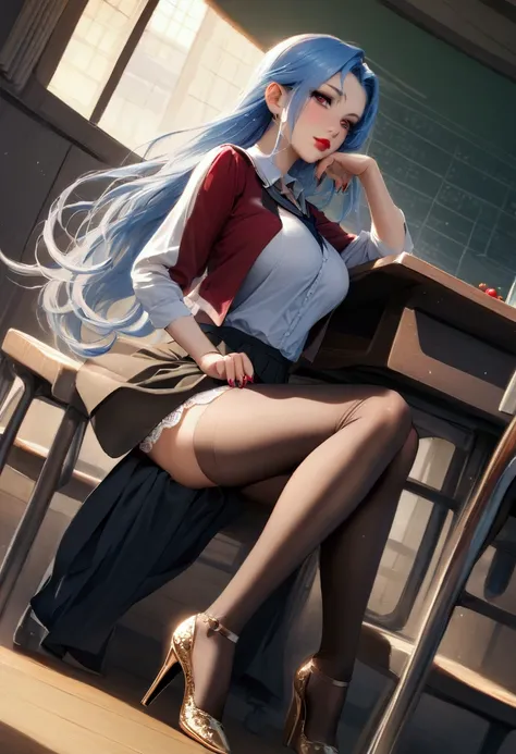 1girl, Mature,  Sexiest in the world ,  The worlds sweetest , junior high school student,  Upper-waisted light blue hair flowing in the wind , dark blue,  Sitting in Classroom ,  Facing the camera with her legs raised and placing her calf on the desk in a ...