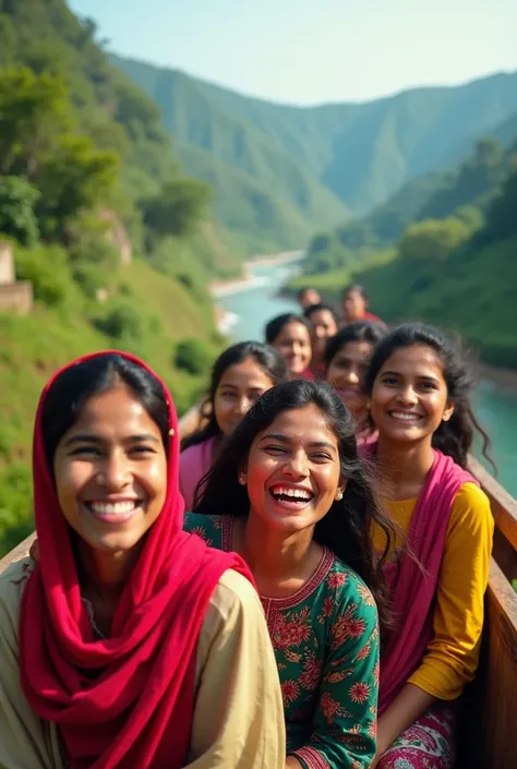 A beautiful, realistic photo of some people in Bangladesh enjoying a joyride, with a beautiful natural landscape in the background.