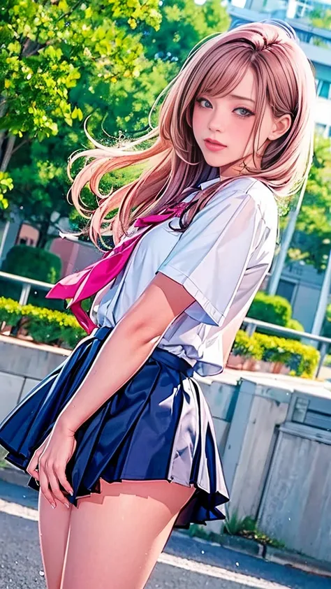 hood friend, young girl, shy expression, beginning to realize romantic feelings, soft pink or pastel tones, school uniform, long or medium-length hair, hair gently swaying in the breeze, slightly blushing cheeks, peaceful schoolyard background, afternoon s...