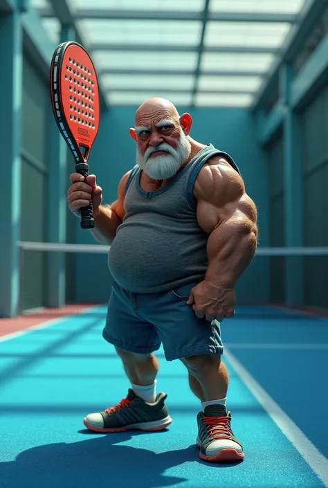 Brutus, Popeyes rival, aged. with a paddle tennis paddle in hand .  Inside a blue carpet padel court and glass walls