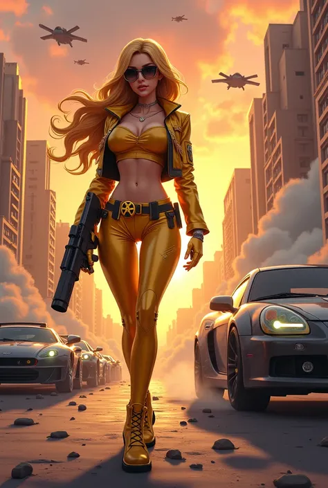  sports car, high quality cartoon cg wallpaper, proportional world collapsing, golden woman (, with a gun, a huge chest, a crop top, a futuristic world soldier, wearing sunglasses )  background image with a city in scrap(สิ่งปลูกสร้างกำลังสร้าง), with an o...