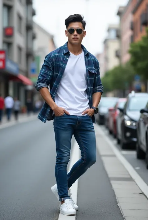 Photography of a clean and clear looking korean guy,  กล้ามแขนใหญ่, หน้าอกแน่น, กล้ามเป็นมัด, เป้านูน , wears white t-shirt , blue flannel shirt , kacamata hitam, blue jeans, and sneaker adidas putih. sedang berdiri dipinggir jalanan perkotaan. fac at the ...