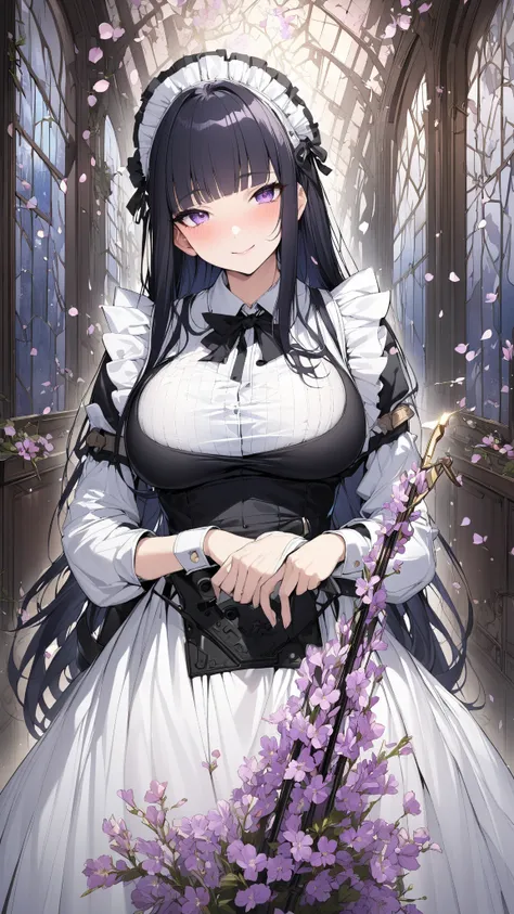 (masterpiece, highest quality, Absurd), One Woman,mature,Mature,Age 25,Black Hair, Straight long hair, Blunt bangs, Big Breasts, Tight waist, Purple eyes, petal, Blue tanned skin, indoor, Gunsmith,Assault rifle,Maid,Black Long Skirt,Maid headdress, Maid ap...