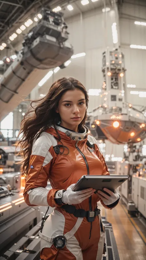 Create an ultra-realistic sci-fi scene of a young woman with long, flowing hair wearing a futuristic space suit. She stands in a massive, technologically advanced hangar with open roof, glowing orange and blue lights reflecting off sleek metal surfaces. Sh...