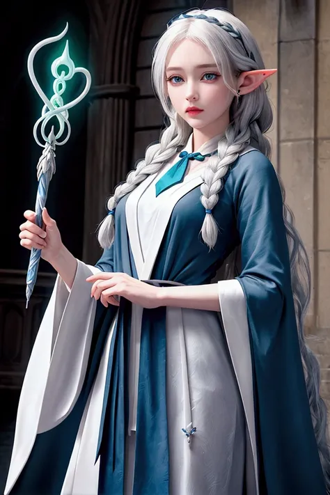 character ai 4D Realistic,a woman with pale ice grey eyes, a high nose, love-shaped lips, triangle face shape, soft jawline and long white hair with shades of white and pale green,she braid her hair, and has elf ears,wearing black robe with blue lines in i...