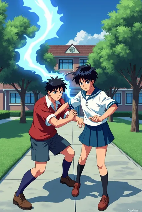 80s anime style. A bully tries to hold a black-haired boy wearing a school uniform, but he disappears in a trail of blue energy and appears behind him with a confident expression. They are in a school yard.
