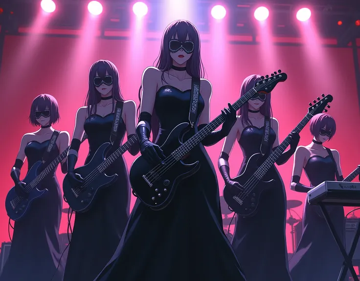 1girl, masterpiece, best quality, shoes, stage, stage lights, cowboy shot, full body shot. A five-member high school rock band dressed in black gowns, domino masks, and elbow gloves. One with rhythm guitar, one with bass guitar, one with electric guitar, o...