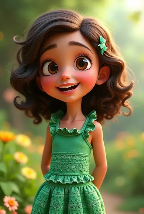  Generate a  girl with defined brown curls, She is a brunette with brown eyes and is smiling ,  he is standing in a green dress with crochet and frill , Show her whole body in the image , in the style of Pixar 3D animation