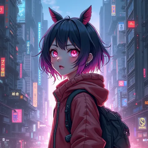 Japanese girl in futuirstic city in anime style crustpunkcore